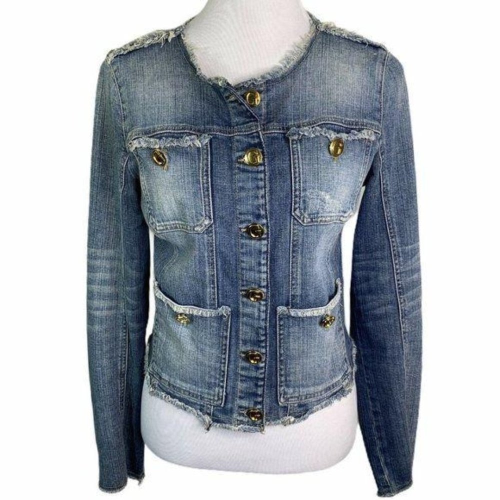 GUESS Denim Gold Buttons Raw Hem Distressed Jacket
